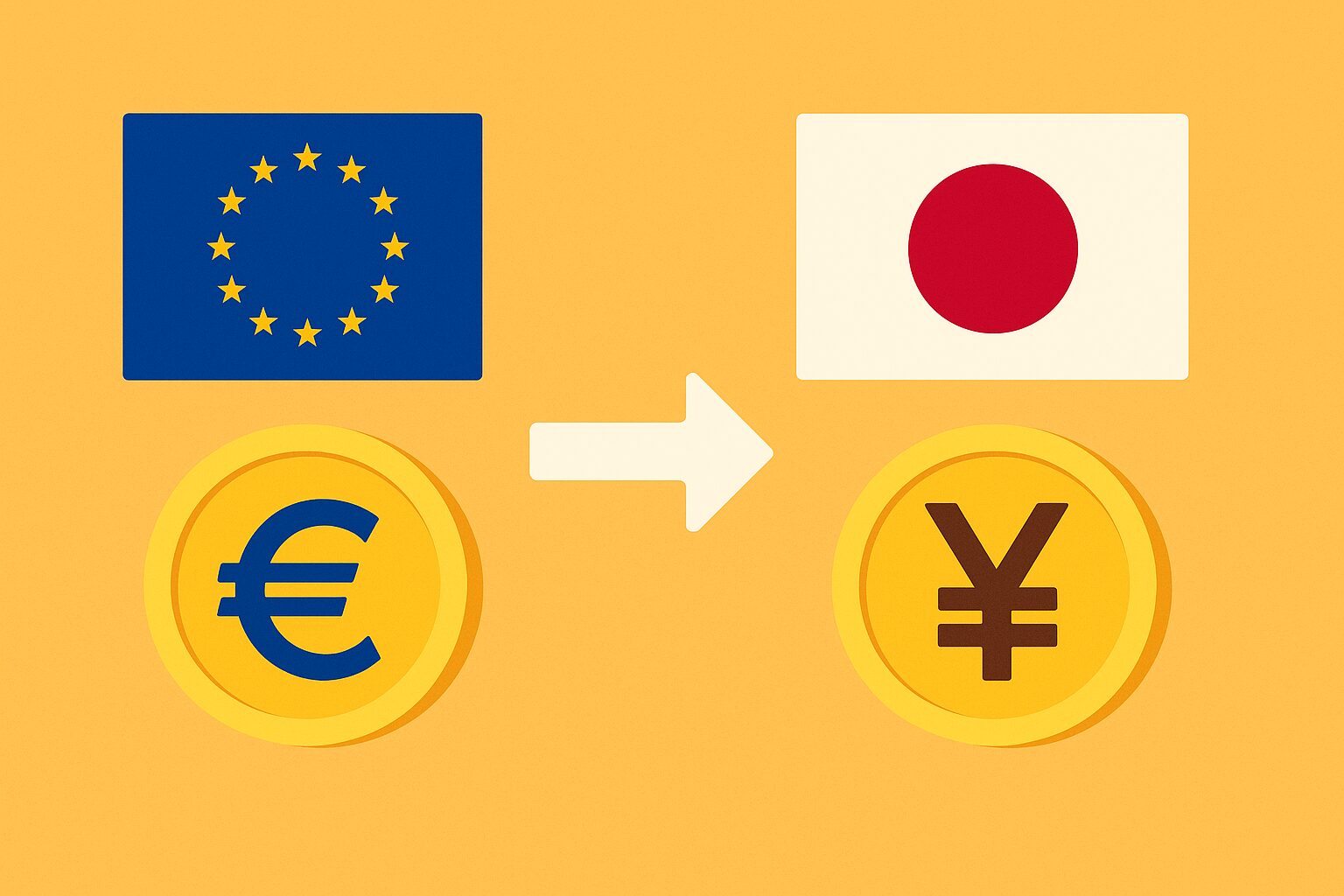 ユーロから日本円への送金を表す図。左にEU国旗とユーロマーク、右に日本国旗と円マーク、中央に両者をつなぐ矢印が描かれている